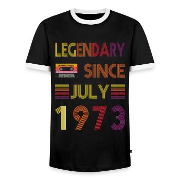 50e anniversaire de Legendary Since July né en 1973 - T-shirt contrasté Homme - noir/blanc - Devant - AI Model Female 172 light (172cm) & AI Model Male 178 light (178cm)