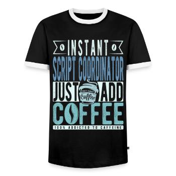 Script coordinator coffee saying - Men's Ringer Shirt - black/white - Front - AI Model Female 172 light (172cm) & AI Model Male 178 light (178cm)