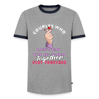 K Pop Kpop Paire Pop Coréenne - T-shirt contrasté Homme - gris/marine  - Devant - AI Model Female 172 light (172cm) & AI Model Male 178 light (178cm)