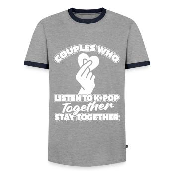 K Pop Kpop Paire Pop Coréenne - T-shirt contrasté Homme - gris/marine  - Devant - AI Model Female 172 light (172cm) & AI Model Male 178 light (178cm)