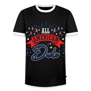 All American Dude July 4 Fireworks - Men's Ringer Shirt - black/white - Front - AI Model Female 172 light (172cm) & AI Model Male 178 light (178cm)