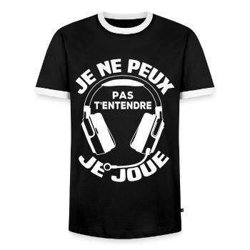 I can't hear you, I'm playing - Men's Ringer Shirt - black/white - Front - AI Model Female 172 light (172cm) & AI Model Male 178 light (178cm)