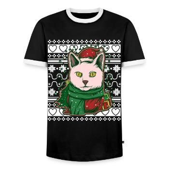 Ugly Christmas Sweater Christmas Cat - Men's Ringer Shirt - black/white - Front - AI Model Female 172 light (172cm) & AI Model Male 178 light (178cm)