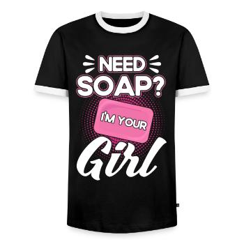 Soap Making Gift Homemade Soap Maker - Men's Ringer Shirt - black/white - Front - AI Model Female 172 light (172cm) & AI Model Male 178 light (178cm)
