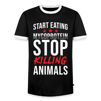 Mycoprotein saying - Men's Ringer Shirt - black/white - Front - AI Model Female 172 light (172cm) & AI Model Male 178 light (178cm)