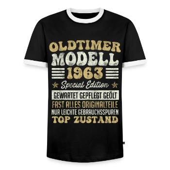Oldtimer 1963er Modell 60 Jahre Männer - Männer Kontrast-T-Shirt - Schwarz/Weiß - Vorne - AI Model Female 172 light (172cm) & AI Model Male 178 light (178cm)