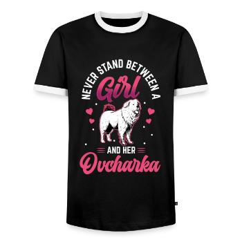 Girl and her Ovcharka Caucasian Ovcharka - Men's Ringer Shirt - black/white - Front - AI Model Female 172 light (172cm) & AI Model Male 178 light (178cm)