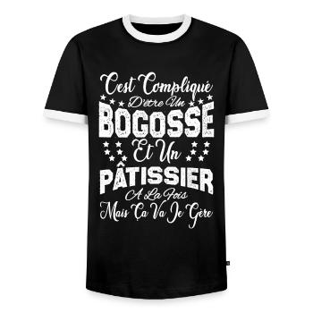 c'est compliqué d'être un Bogosse et un Pâtissier. - T-shirt contrasté Homme - noir/blanc - Devant - AI Model Female 172 light (172cm) & AI Model Male 178 light (178cm)