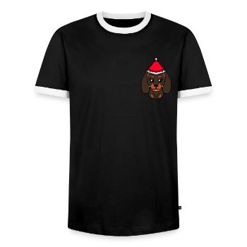 Dachshund Pixelated Christmas Dog Funny - Men's Ringer Shirt - black/white - Front - AI Model Female 172 light (172cm) & AI Model Male 178 light (178cm)