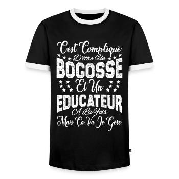 c'est compliqué d'être un Bogosse et un Educateur. - T-shirt contrasté Homme - noir/blanc - Devant - AI Model Female 172 light (172cm) & AI Model Male 178 light (178cm)