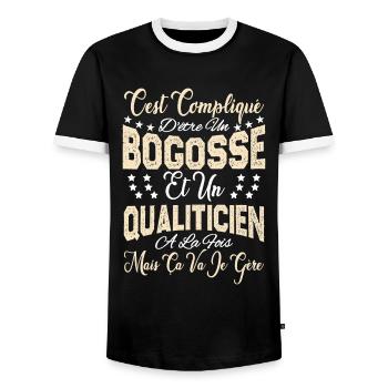 c'est compliqué être un Bogosse et un Qualiticien. - T-shirt contrasté Homme - noir/blanc - Devant - AI Model Female 172 light (172cm) & AI Model Male 178 light (178cm)