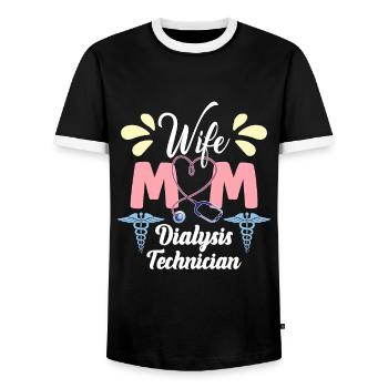 Dialysis Technician Wife Mom Medical Dialysis Tech - Men's Ringer Shirt - black/white - Front - AI Model Female 172 light (172cm) & AI Model Male 178 light (178cm)