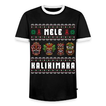 Mele Kalikimaka Hawaii Tiki Funny Ugly Christmas - Men's Ringer Shirt - black/white - Front - AI Model Female 172 light (172cm) & AI Model Male 178 light (178cm)