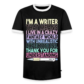 Auteur de livres Romancier | Je suis un écrivain - T-shirt contrasté Homme - noir/blanc - Devant - AI Model Female 172 light (172cm) & AI Model Male 178 light (178cm)