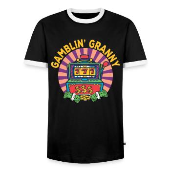 Casino Gambling Slot Machine Card Game - Men's Ringer Shirt - black/white - Front - AI Model Female 172 light (172cm) & AI Model Male 178 light (178cm)