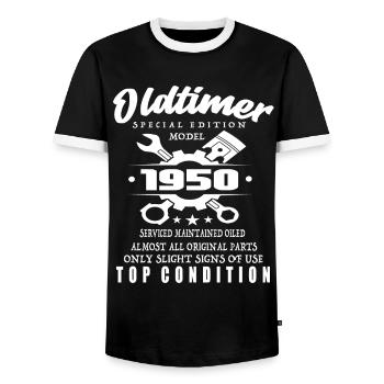 Oldtimer Special Edition Model 1950 Birthday - Men's Ringer Shirt - black/white - Front - AI Model Female 172 light (172cm) & AI Model Male 178 light (178cm)