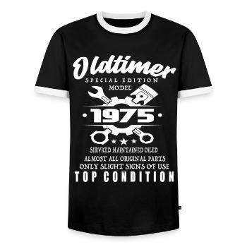 Oldtimer Special Edition Model 1975 Birthday - Men's Ringer Shirt - black/white - Front - AI Model Female 172 light (172cm) & AI Model Male 178 light (178cm)