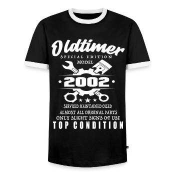 Oldtimer Special Edition Model 2002 Birthday - Men's Ringer Shirt - black/white - Front - AI Model Female 172 light (172cm) & AI Model Male 178 light (178cm)