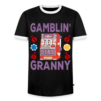 Casino Gambling Slot Machine Card Game - Men's Ringer Shirt - black/white - Front - AI Model Female 172 light (172cm) & AI Model Male 178 light (178cm)