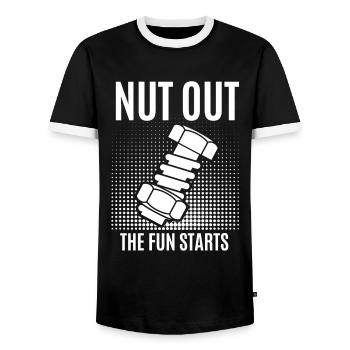 Nuts out the fun begins craftsmen - Men's Ringer Shirt - black/white - Front - AI Model Female 172 light (172cm) & AI Model Male 178 light (178cm)