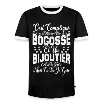 c'est compliqué d'être un Bogosse et un Bijoutier. - T-shirt contrasté Homme - noir/blanc - Devant - AI Model Female 172 light (172cm) & AI Model Male 178 light (178cm)