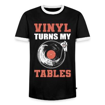 Vinyl Turns My Tables Vinyl Record Collecting - Men's Ringer Shirt - black/white - Front - AI Model Female 172 light (172cm) & AI Model Male 178 light (178cm)