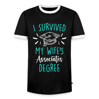 Survived My Wife Graduated from College - Men's Ringer Shirt - black/white - Front - AI Model Female 172 light (172cm) & AI Model Male 178 light (178cm)