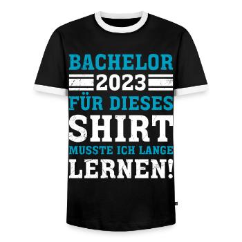 For this I had to study for a long time Bachelor's degree - Men's Ringer Shirt - black/white - Front - AI Model Female 172 light (172cm) & AI Model Male 178 light (178cm)
