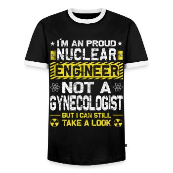 Nuclear Power - Proud Nuclear Engineer - Men's Ringer Shirt - black/white - Front - AI Model Female 172 light (172cm) & AI Model Male 178 light (178cm)