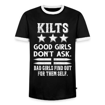 Dudelsack Kilt Schottisch Schlag Dudelsackspieler - Männer Kontrast-T-Shirt - Schwarz/Weiß - Vorne - AI Model Female 172 light (172cm) & AI Model Male 178 light (178cm)
