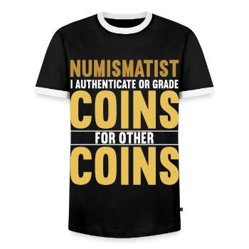 Collectionneur de pièces Numismatique Pièces rares Coin Lover - T-shirt contrasté Homme - noir/blanc - Devant - AI Model Female 172 light (172cm) & AI Model Male 178 light (178cm)