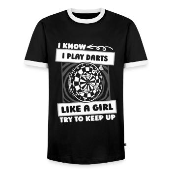Dart Dartspieler Mädchen - Männer Kontrast-T-Shirt - Schwarz/Weiß - Vorne - AI Model Female 172 light (172cm) & AI Model Male 178 light (178cm)