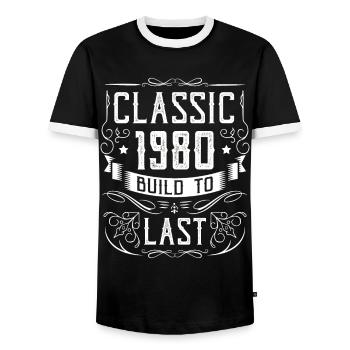 1980. Birthday party Old year of construction - Men's Ringer Shirt - black/white - Front - AI Model Female 172 light (172cm) & AI Model Male 178 light (178cm)