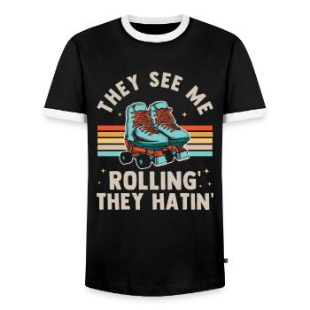 Inline Skate Geschenk Rollerskates Roller 70er - Männer Kontrast-T-Shirt - Schwarz/Weiß - Vorne - AI Model Female 172 light (172cm) & AI Model Male 178 light (178cm)