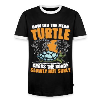 HOW DID THE MEAN TURTLE CROSS THE ROAD SLOWLY BUT - Männer Kontrast-T-Shirt - Schwarz/Weiß - Vorne - AI Model Female 172 light (172cm) & AI Model Male 178 light (178cm)
