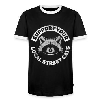 Supports Local Street Cat Raccoon - Men's Ringer Shirt - black/white - Front - AI Model Female 172 light (172cm) & AI Model Male 178 light (178cm)
