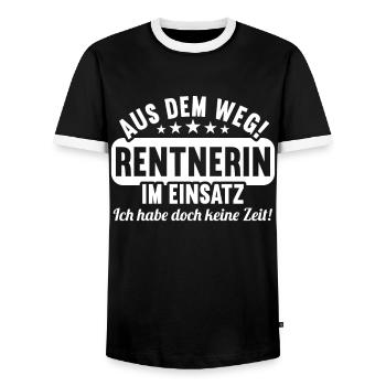 Rente 2023 Ruhestand Abschied Rentnerin 2023 - Männer Kontrast-T-Shirt - Schwarz/Weiß - Vorne - AI Model Female 172 light (172cm) & AI Model Male 178 light (178cm)
