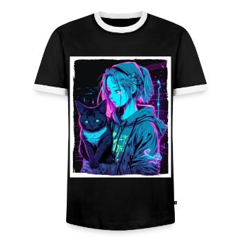 Anime Girl Katze Kätzchen Manga Ink Blume Neon - Männer Kontrast-T-Shirt - Schwarz/Weiß - Vorne - AI Model Female 172 light (172cm) & AI Model Male 178 light (178cm)