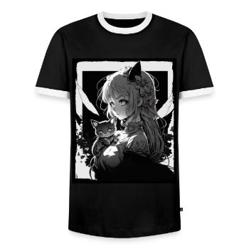 Anime Girl Katze Kätzchen Manga Ink Blume Neon - Männer Kontrast-T-Shirt - Schwarz/Weiß - Vorne - AI Model Female 172 light (172cm) & AI Model Male 178 light (178cm)