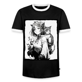 Anime Girl Katze Kätzchen Manga Ink Blume Neon - Männer Kontrast-T-Shirt - Schwarz/Weiß - Vorne - AI Model Female 172 light (172cm) & AI Model Male 178 light (178cm)