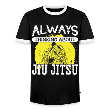 Jujutsu Always Thinking About Jiu Jitsu MMA - Men's Ringer Shirt - black/white - Front - AI Model Female 172 light (172cm) & AI Model Male 178 light (178cm)