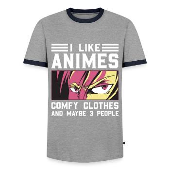I like Animes Comfy Clothes And 3 People Saying - Men's Ringer Shirt - grey/navy  - Front - AI Model Female 172 light (172cm) & AI Model Male 178 light (178cm)