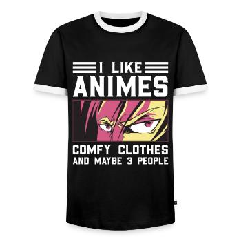 J’aime les vêtements confortables d’animes et 3 personnes disant - T-shirt contrasté Homme - noir/blanc - Devant - AI Model Female 172 light (172cm) & AI Model Male 178 light (178cm)
