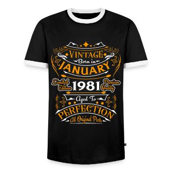 Vintage born in January 1981 birthday gift - Men's Ringer Shirt - black/white - Front - AI Model Female 172 light (172cm) & AI Model Male 178 light (178cm)