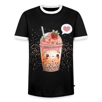 Kawaii Boba Tea for Valentine's Day Bubble Tea Hearts - Men's Ringer Shirt - black/white - Front - AI Model Female 172 light (172cm) & AI Model Male 178 light (178cm)