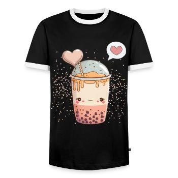 Kawaii Boba Tea for Valentine's Day Bubble Tea Hearts - Men's Ringer Shirt - black/white - Front - AI Model Female 172 light (172cm) & AI Model Male 178 light (178cm)