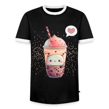 Kawaii Boba Tea for Valentine's Day Bubble Tea Hearts - Men's Ringer Shirt - black/white - Front - AI Model Female 172 light (172cm) & AI Model Male 178 light (178cm)