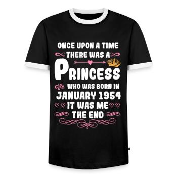 Es war einmal eine Prinzessin. Januar 1954 Geburts - Männer Kontrast-T-Shirt - Schwarz/Weiß - Vorne - AI Model Female 172 light (172cm) & AI Model Male 178 light (178cm)