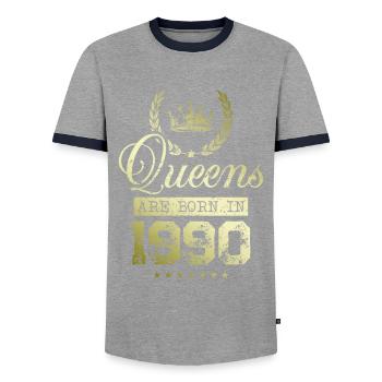 Queens born in 1990 - Men's Ringer Shirt - grey/navy  - Front - AI Model Female 172 light (172cm) & AI Model Male 178 light (178cm)