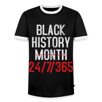 Black History Month 24/7/365 Black History Month - Men's Ringer Shirt - black/white - Front - AI Model Female 172 light (172cm) & AI Model Male 178 light (178cm)